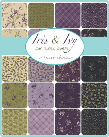 Collection of fabric swatches with various patterns and colors, featuring the brand 'Iris & Ivy' by Jan Patek Quilts Moda.