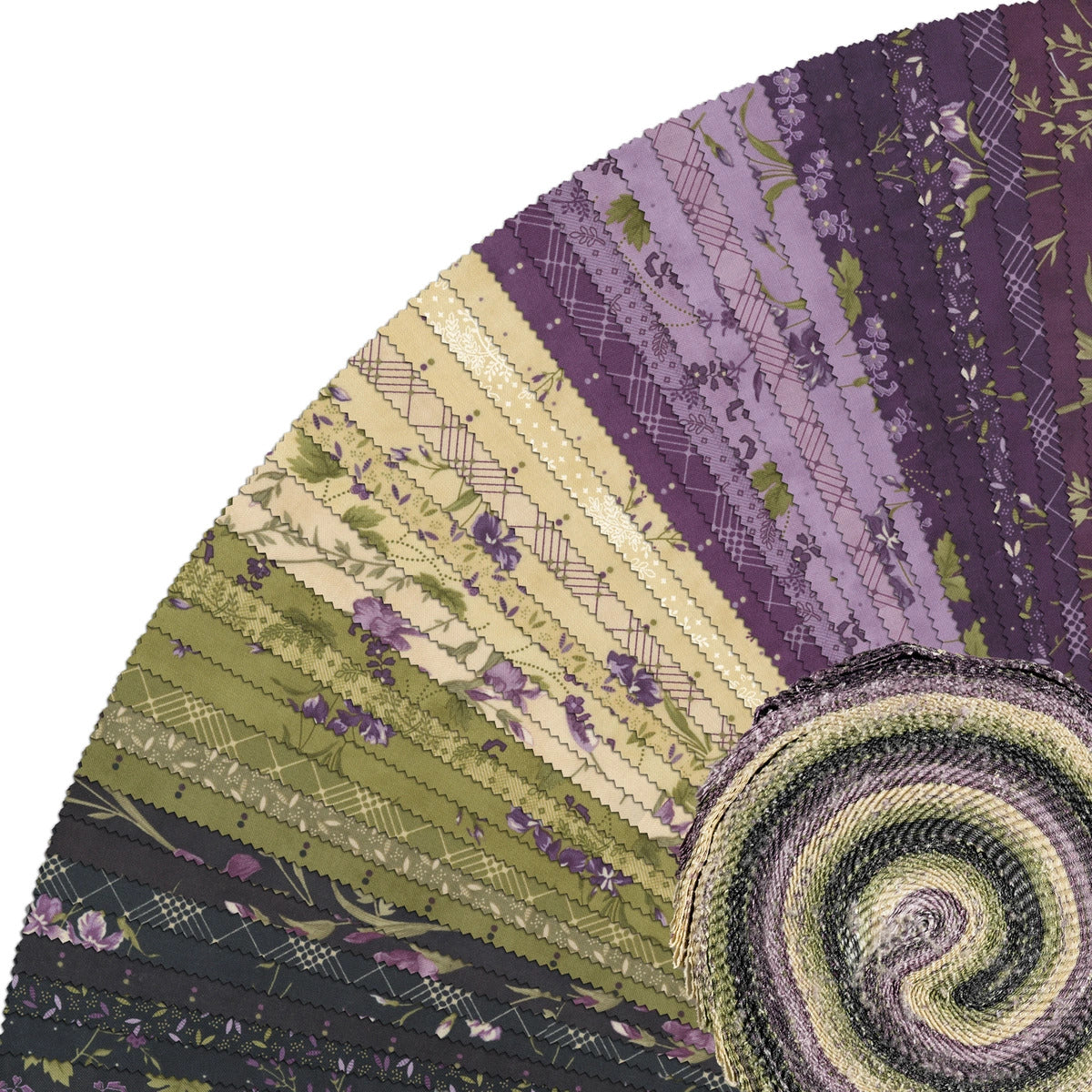 Close-up of a fabric swatch with purple and green patterns