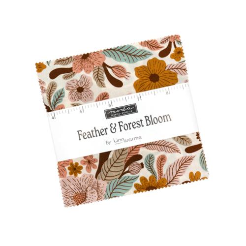 5" charm pack with multicolor floral and leaf fabric squares and Feather & Forest Bloom label