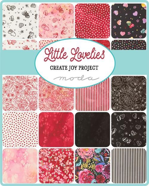Grid of assorted 5-inch charm squares with Little Lovelies Create Joy Project branding