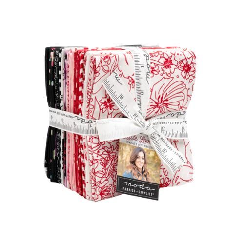 Cotton fabric fat quarter bundle with red and white floral prints, folded stack