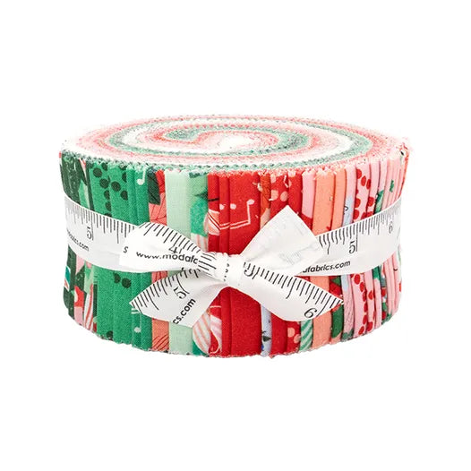 Christmas fabric jelly roll bundle in green, red, and pink stripes and ornaments
