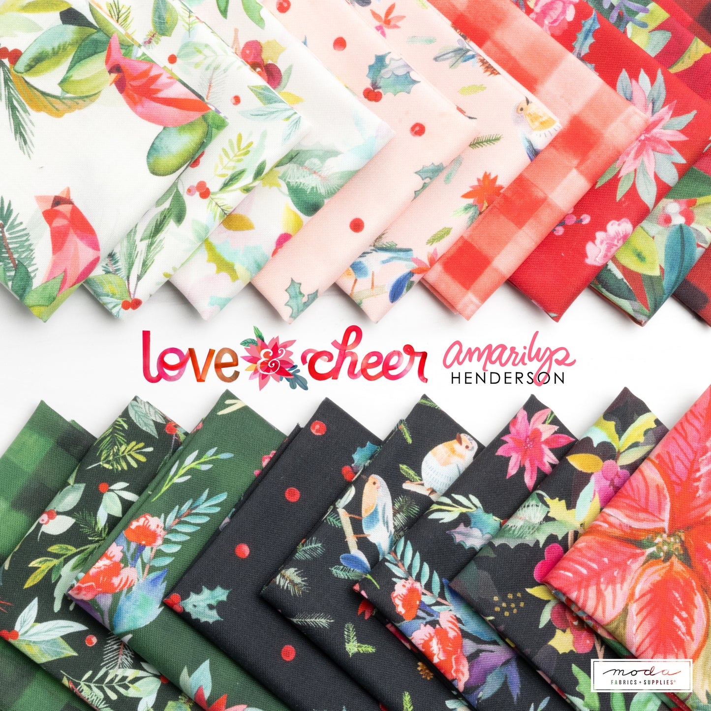 Collection of colorful fabric swatches with 'love & cheer' branding.