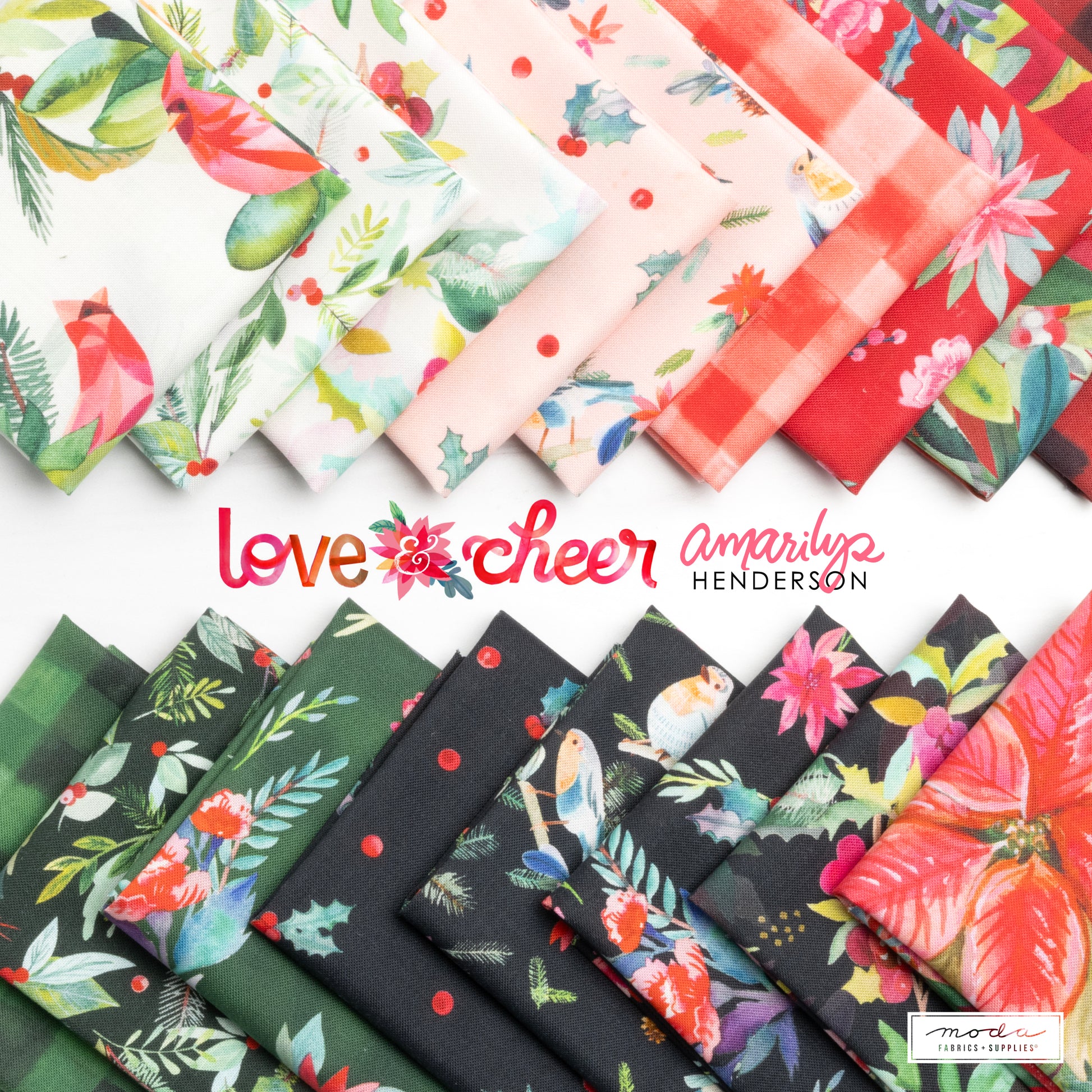 Collection of colorful fabric swatches with 'love & cheer' branding.