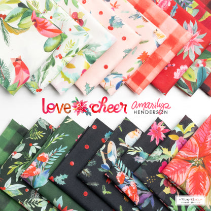 Collection of colorful fabric swatches with 'love & cheer' branding.