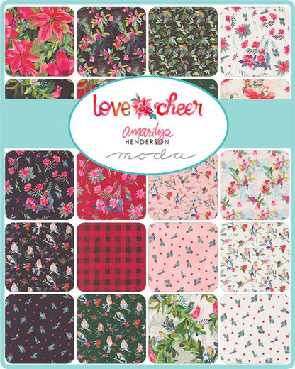 Collection of floral and plaid fabric swatches with 'Love & Cheer' branding.