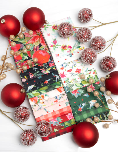 Colorful fabric swatches with Christmas-themed patterns surrounded by red ornaments and gold berries.