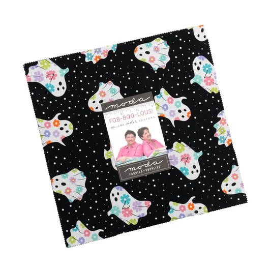 Halloween fabric layer cake pack with black ghost and skull prints, multicolor squares
