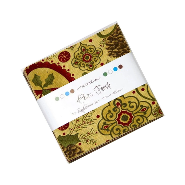 Charm squares bundle with olive and gold pine and floral prints, Moda label