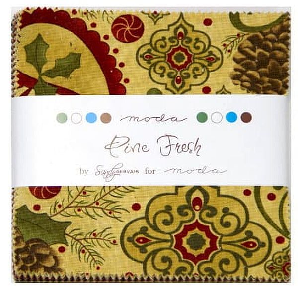 Printed charm squares pack, featuring green, red, and gold floral patterns
