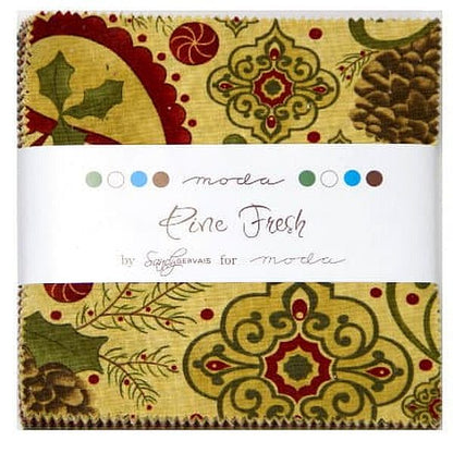 Printed charm squares pack, featuring green, red, and gold floral patterns