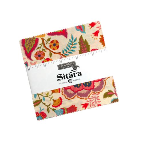 5-inch fabric charm pack with multicolor floral and leaf prints, Sitara label