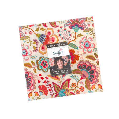 Floral patchwork layer cake square stack, cream with colorful birds and flowers