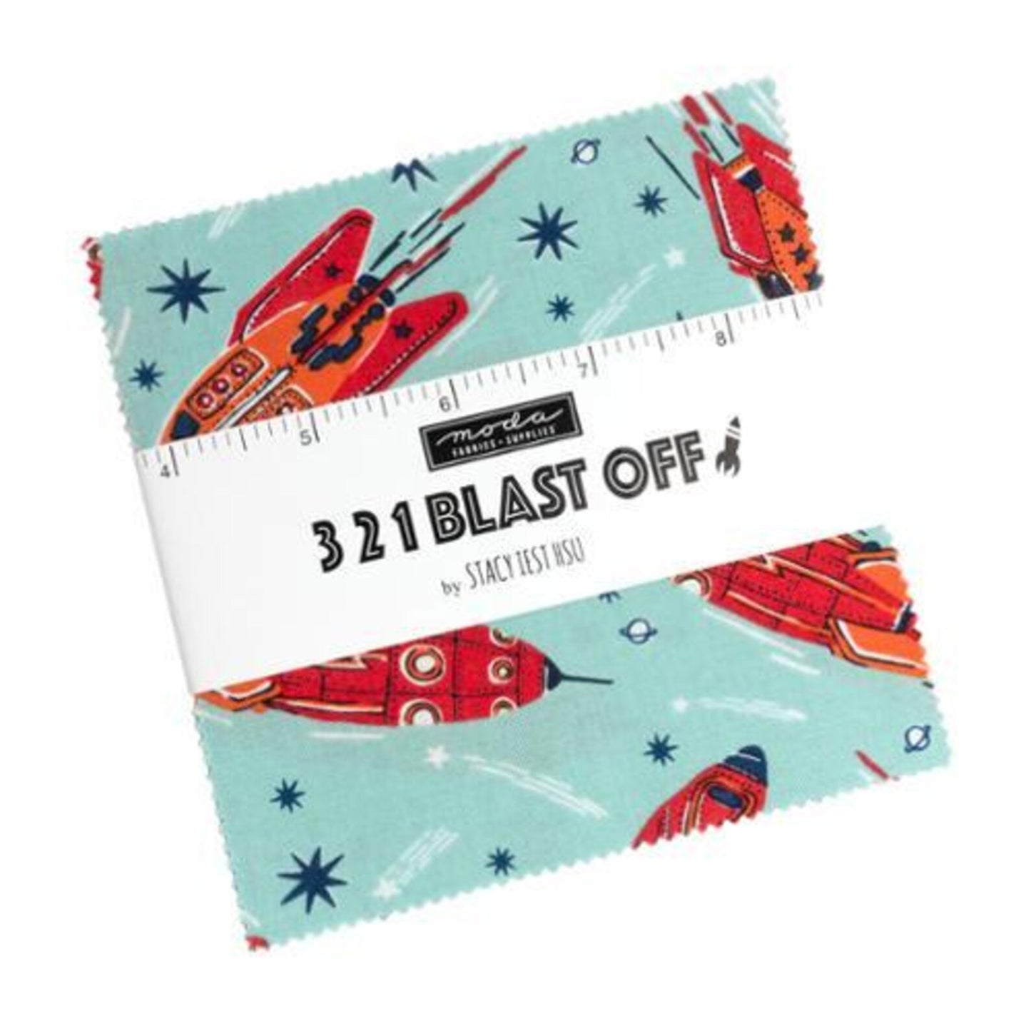 Fabric charm square pack with space-themed rocket design and '3 2 1 Blast Off' text.