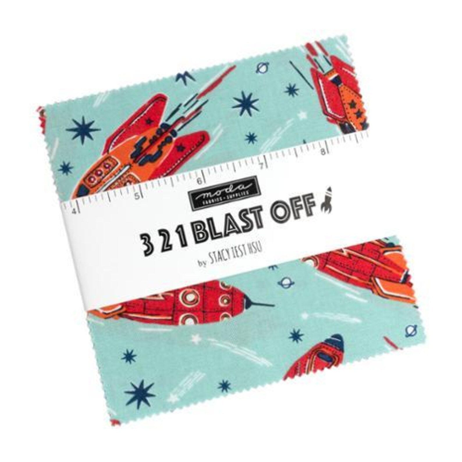 Fabric charm square pack with space-themed rocket design and '3 2 1 Blast Off' text.