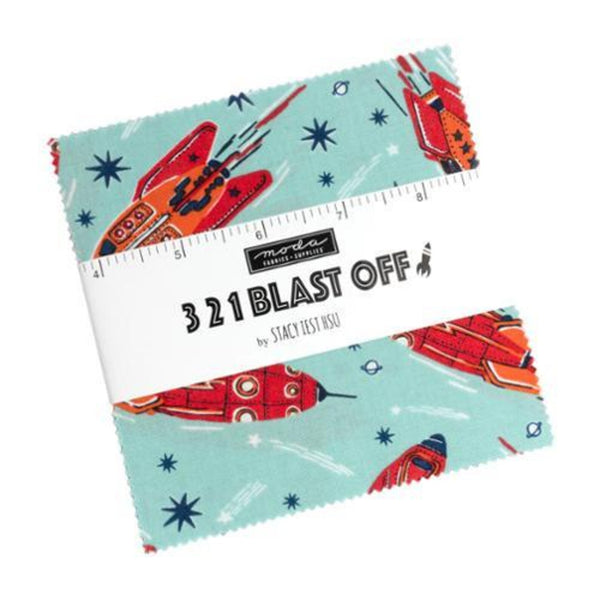 Fabric charm square pack with space-themed rocket design and '3 2 1 Blast Off' text.