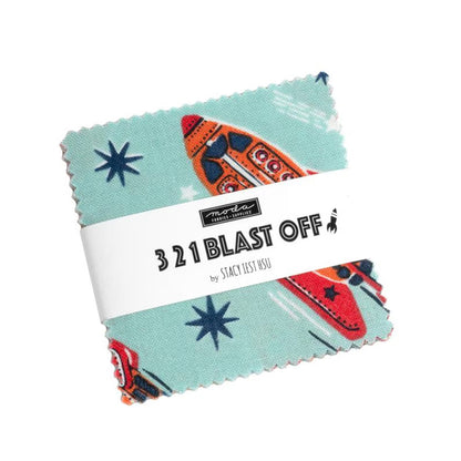 Fabric charm squares with rocket design and '321 Blast Off' text on a white background