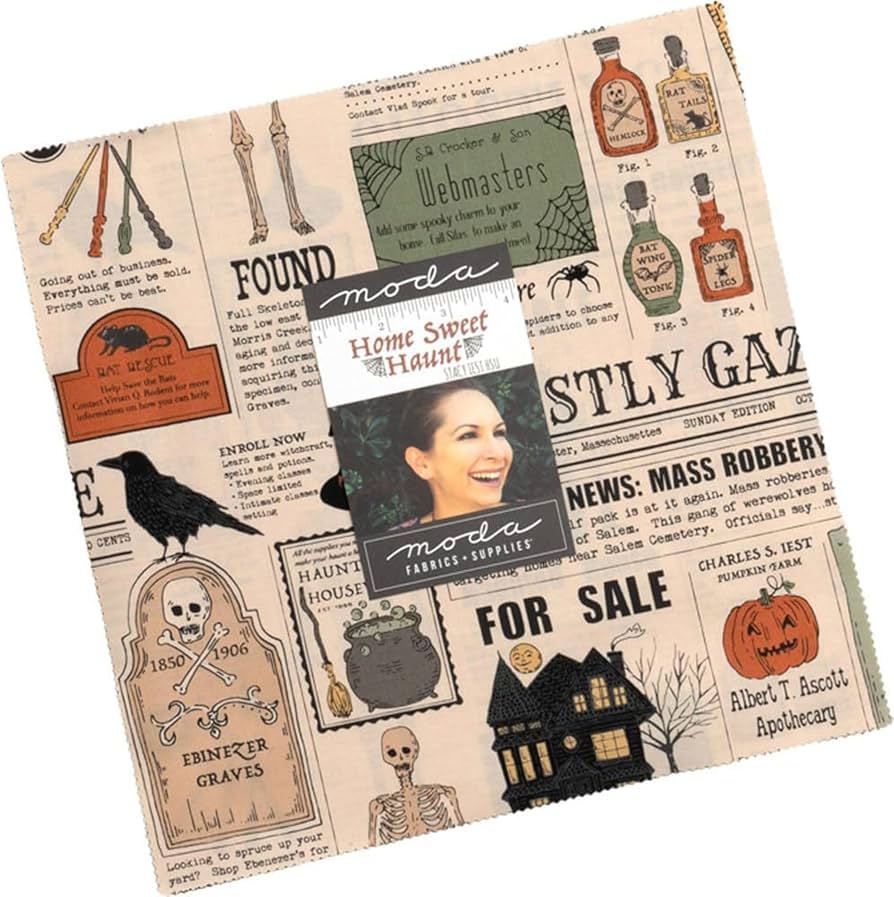 Printed quilting fabric layer cake bundle with Halloween house and raven designs
