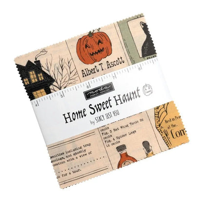 Fabric charm squares pack with Halloween patterns and 'Home Sweet Haunt' label