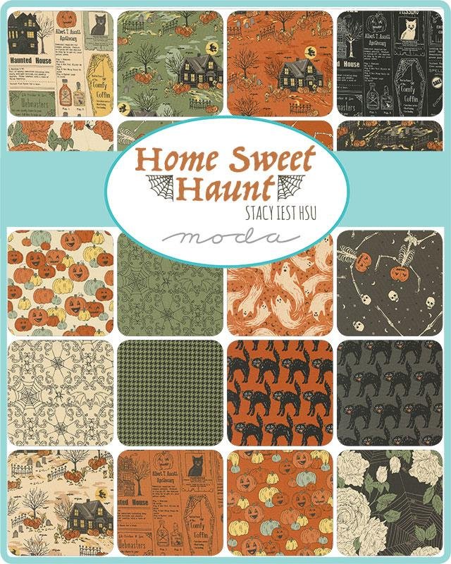 Halloween fabric charm squares assortment in grid, featuring pumpkins, houses, cats, and bats