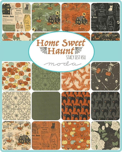 Halloween fabric charm squares assortment in grid, featuring pumpkins, houses, cats, and bats