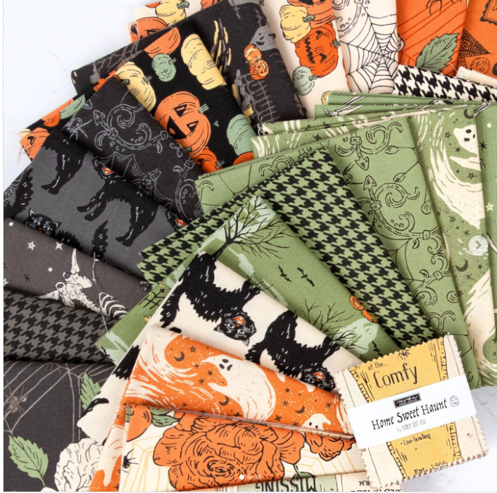 Halloween fabric charm squares bundle in green, orange, black with cat and pumpkin prints