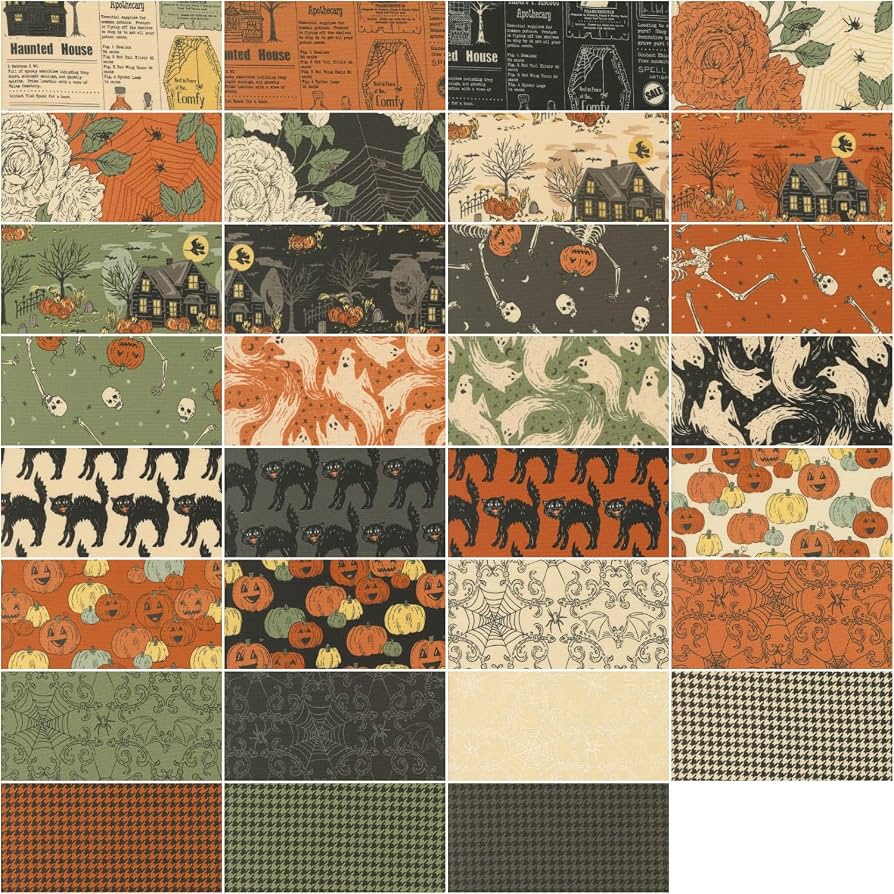 Set of Halloween fabric squares with varied motifs: houses, pumpkins, cats, bats, checkers
