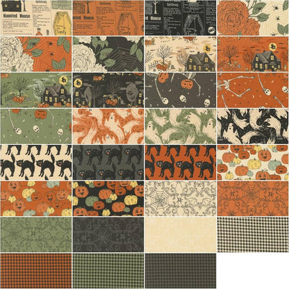 Set of Halloween fabric squares with varied motifs: houses, pumpkins, cats, bats, checkers