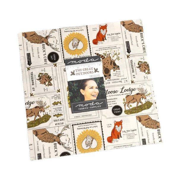 Moda layer cake fabric squares, woodland animal prints with tan and cream blocks