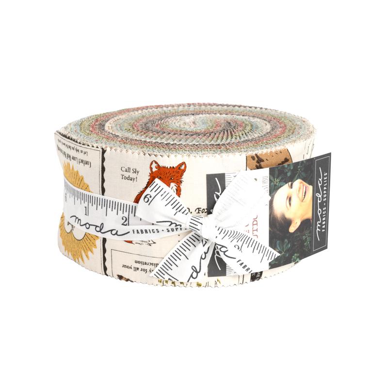 Quilting cotton jelly roll fabric bundle with autumn animal and leaf prints, rolled