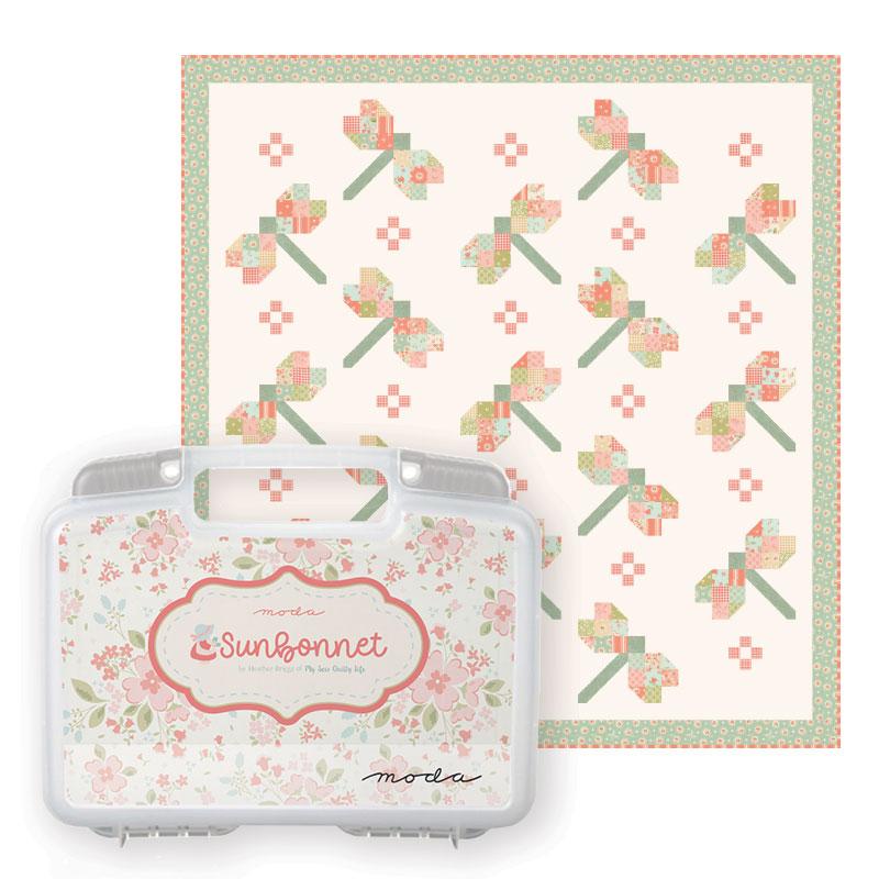 Sunbonnet quilt kit storage bin with transparent lid and floral patch label