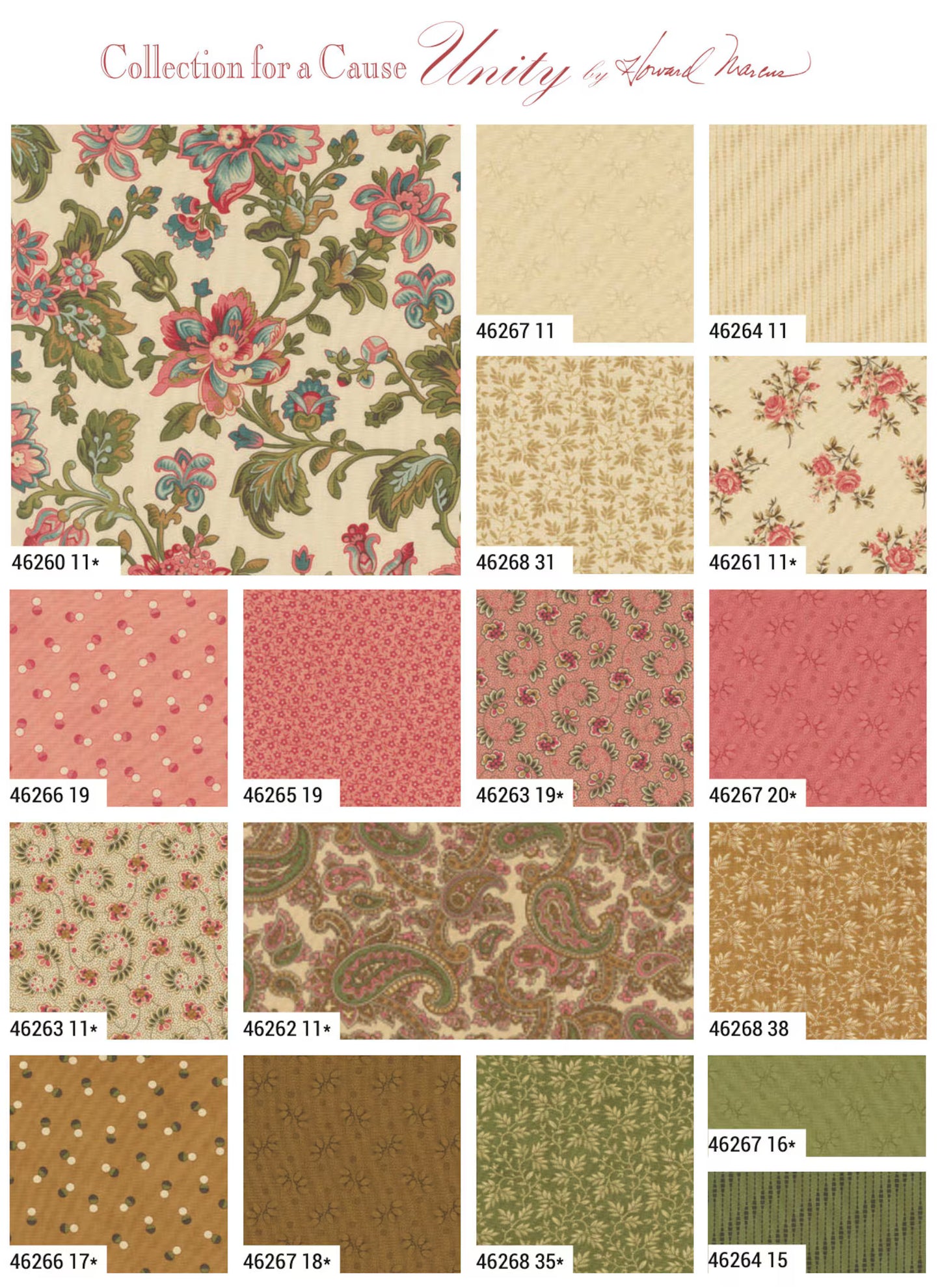 Collection of fabric patterns with a focus on floral and paisley designs.