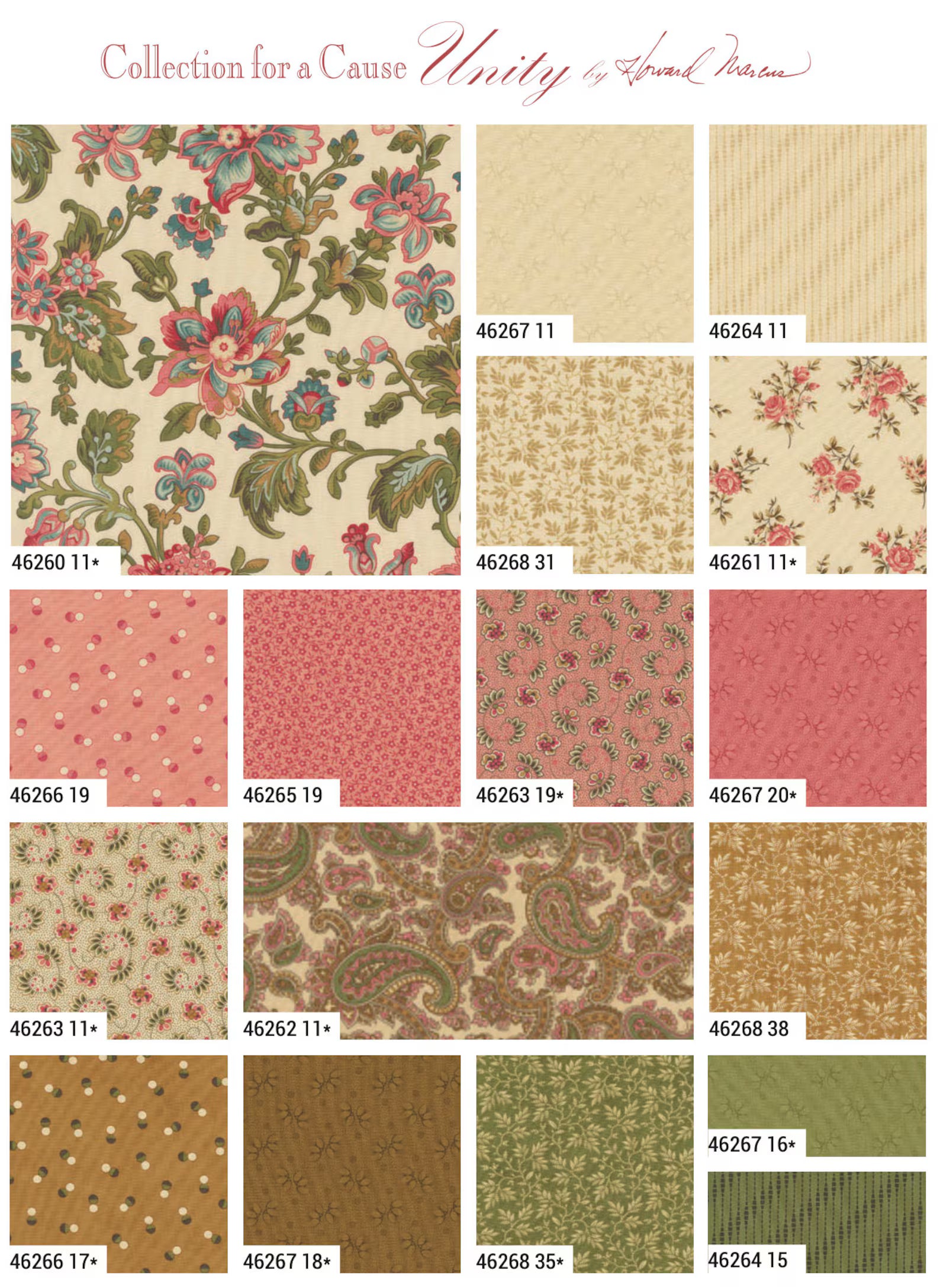 Collection of fabric patterns with a focus on floral and paisley designs.