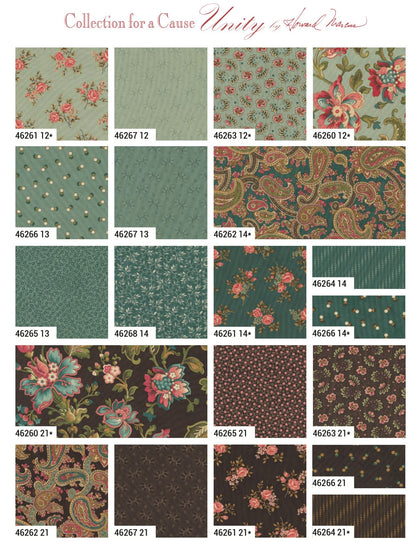 Collection of floral and paisley patterns with product numbers on a green background.