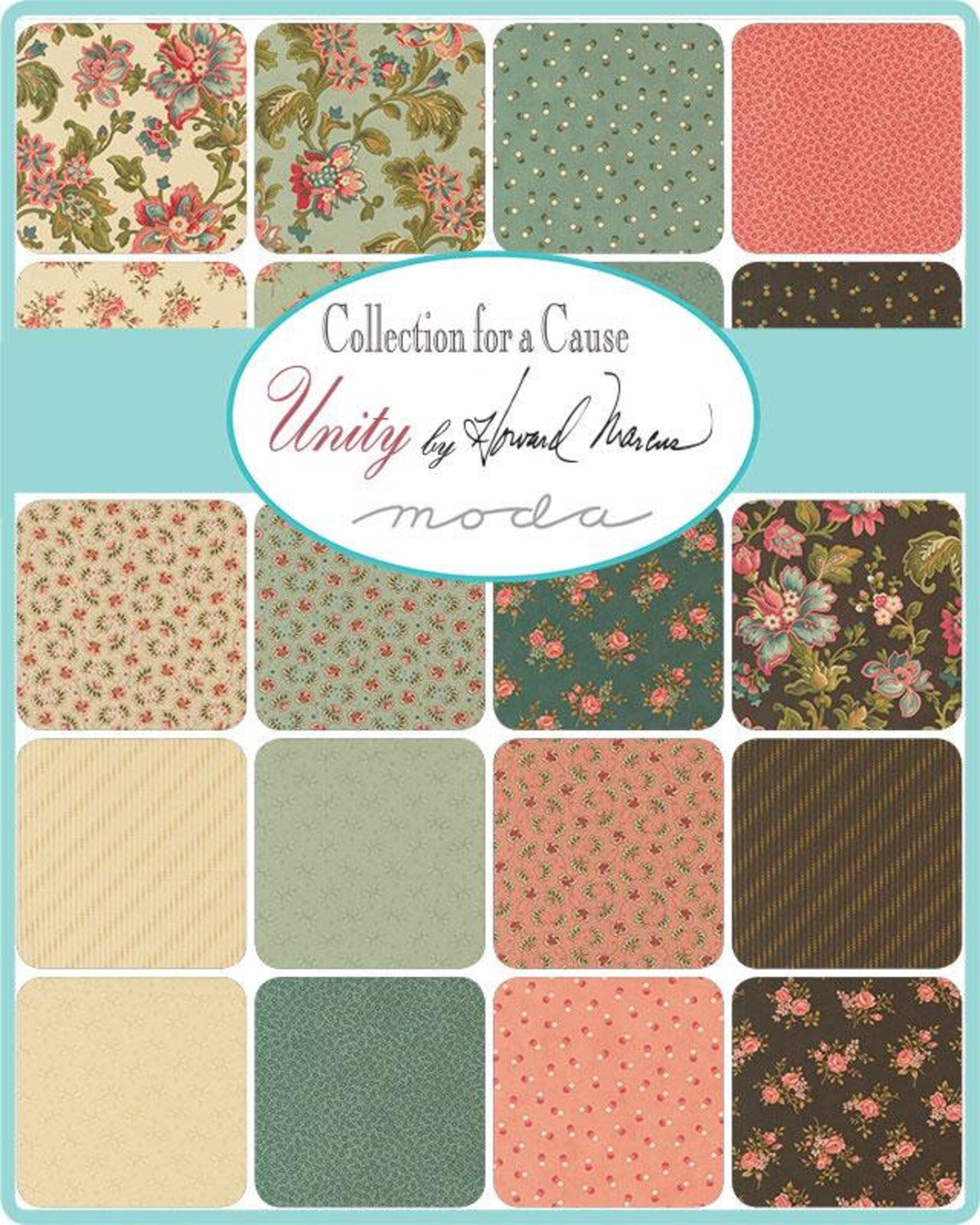 Collection of fabric swatches with floral and geometric patterns, featuring the 'Unity' collection by Moda.