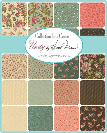 Collection of fabric swatches with floral and geometric patterns, featuring the 'Unity' collection by Moda.