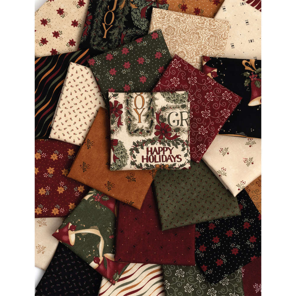 Collection of holiday-themed fabric swatches with 'Happy Holidays' text.