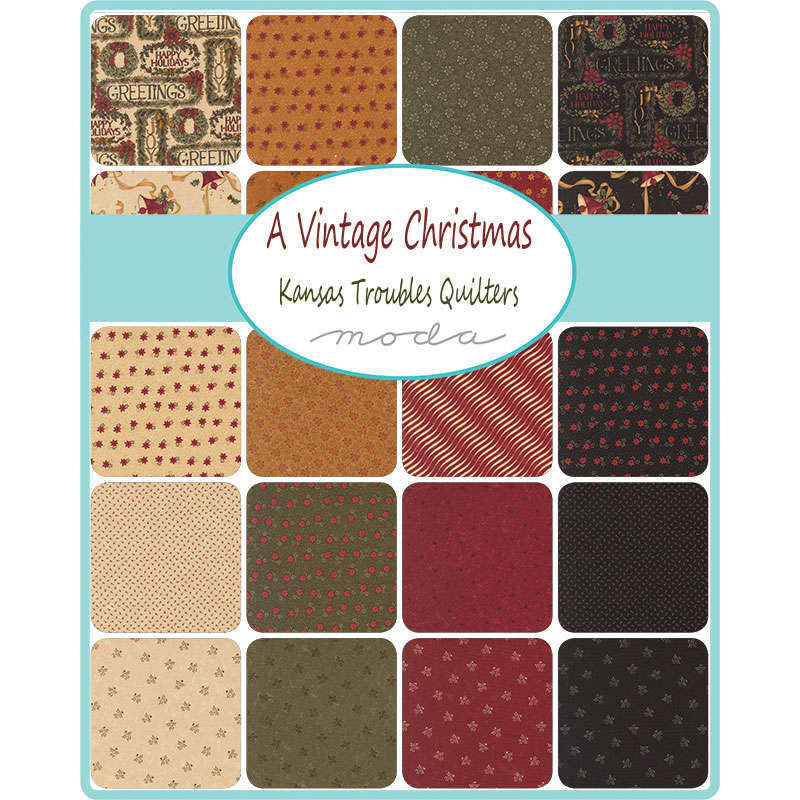 Collection of fabric swatches with a vintage Christmas theme and 'Kansas Troubles Quilters' branding.