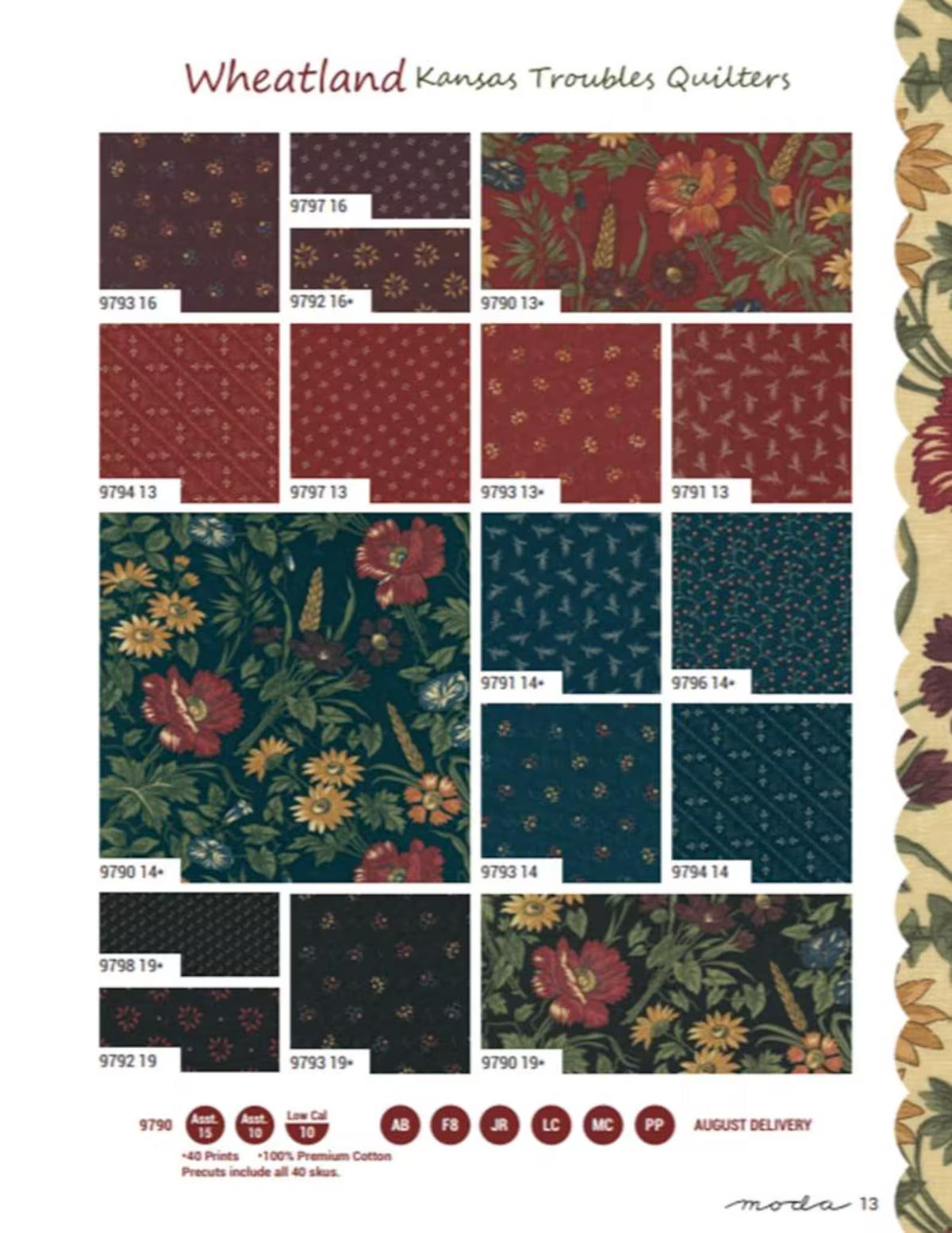 Moda Wheatland Layer Cake® 9790LC with factory-cut 10" fabric squares in warm country-inspired prints, perfect for quilting and patchwork projects.