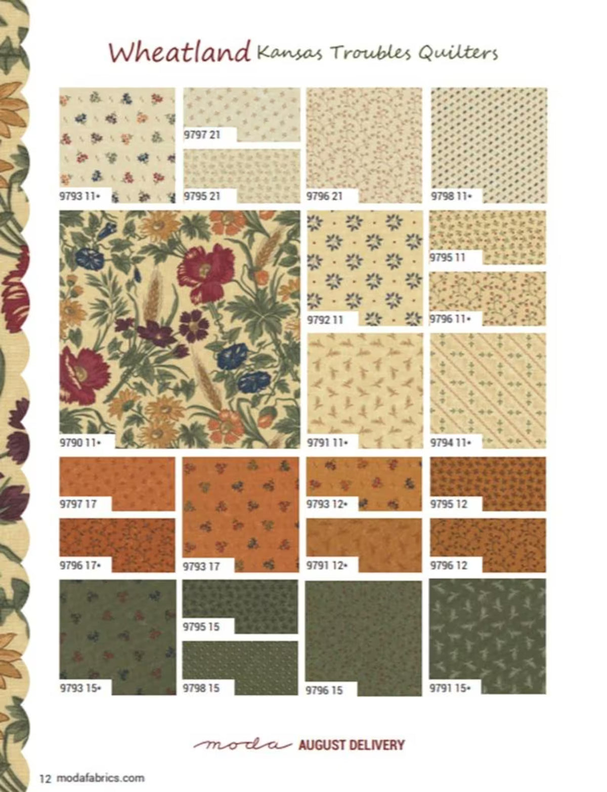 Moda Wheatland Layer Cake® 9790LC with factory-cut 10" fabric squares in warm country-inspired prints, perfect for quilting and patchwork projects.