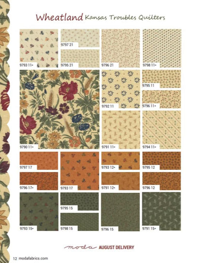 Moda Wheatland Layer Cake® 9790LC with factory-cut 10" fabric squares in warm country-inspired prints, perfect for quilting and patchwork projects.
