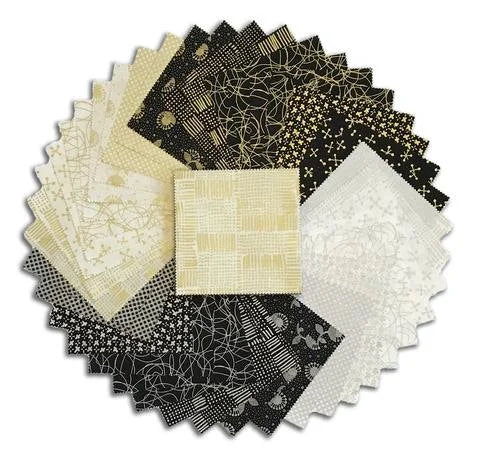 Metallic charm squares bundle in black, cream, and pale gold geometric prints