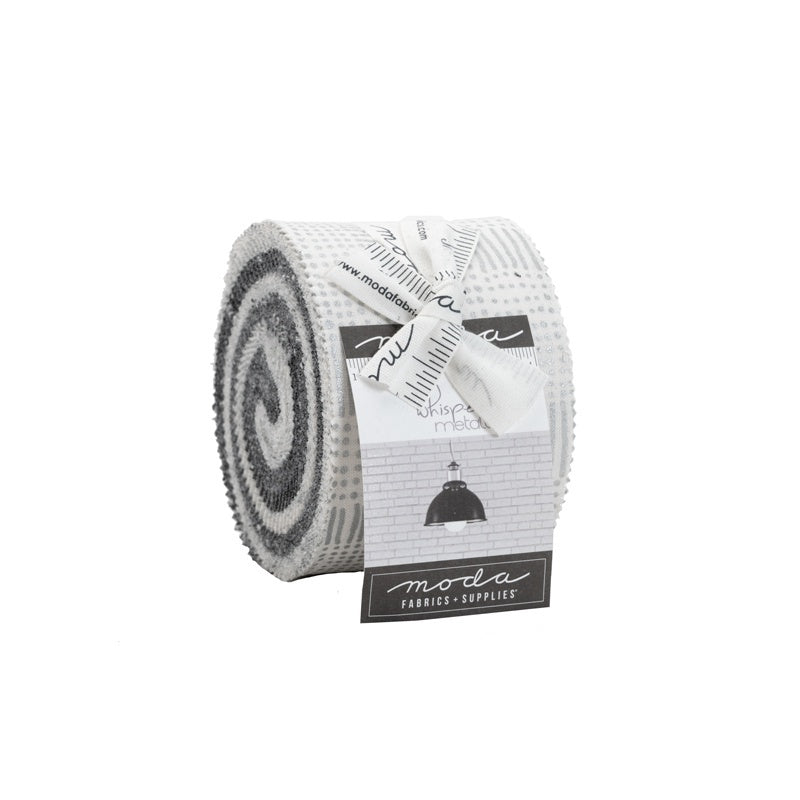 Roll of fabric with metallic silver , charcoal, and white colours