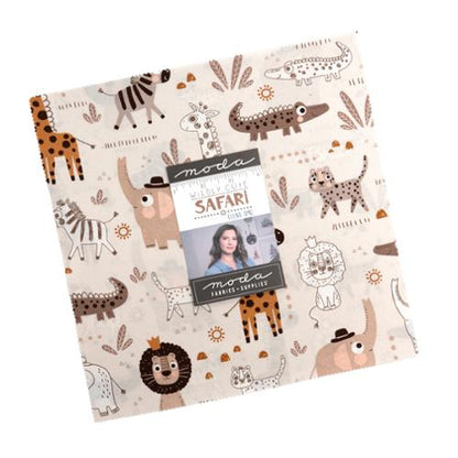 Safari animal fabric layer cake bundle with giraffe, lion, zebra patterns and Moda label