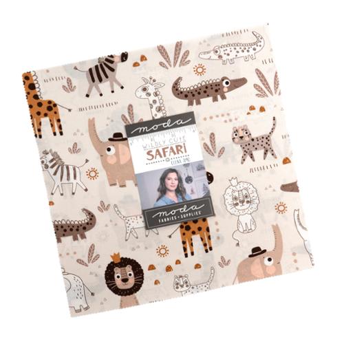 Safari animal fabric layer cake bundle with giraffe, lion, zebra patterns and Moda label