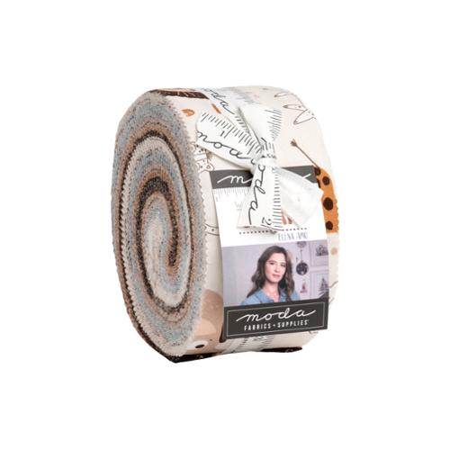 Safari-themed jelly roll fabric bundle, tan/blue/brown prints on white