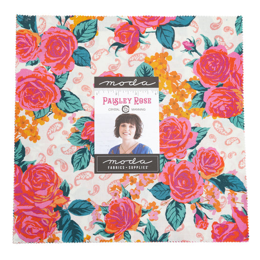 Floral fabric with 'Moda' branding and a portrait of a woman.