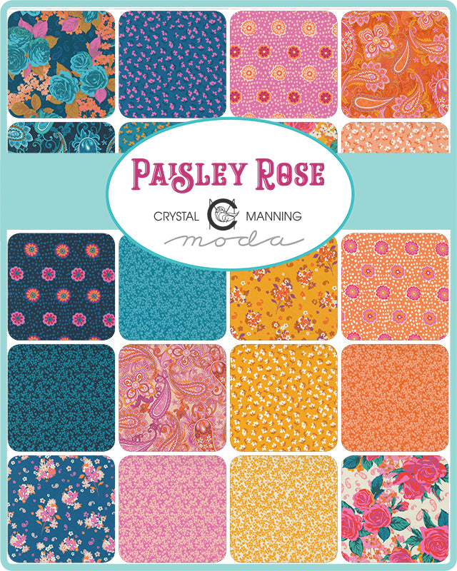 Collection of Paisley Rose fabric swatches with a teal border and Moda logo.