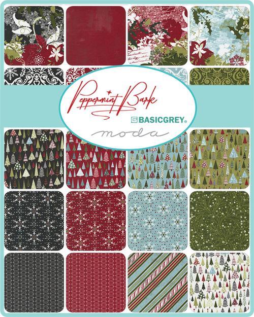 Collection of fabric swatches with various patterns and the 'Peppermint Bark' label on a blue background.