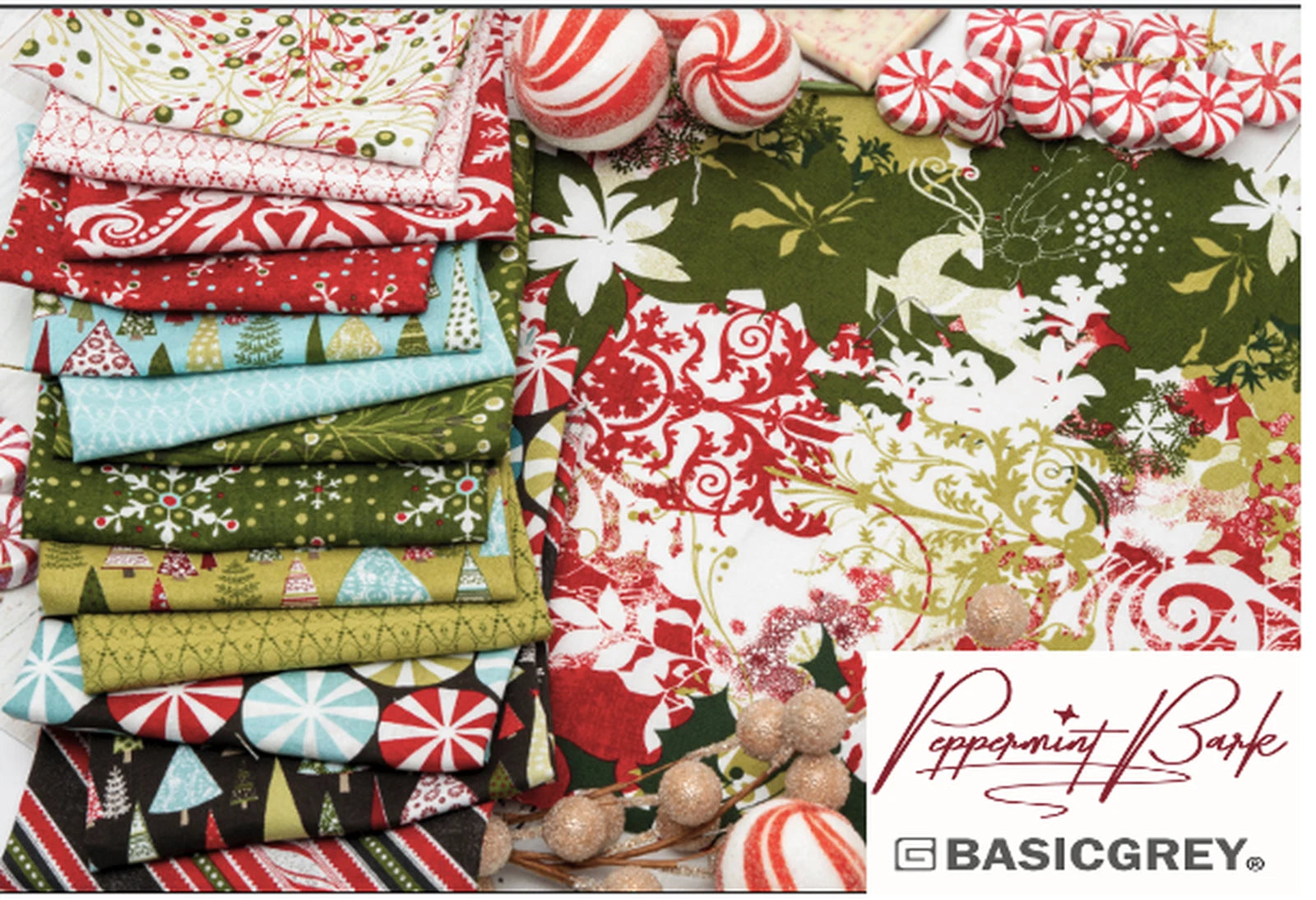Collection of Christmas-themed fabric swatches with peppermints and BasicGrey branding.